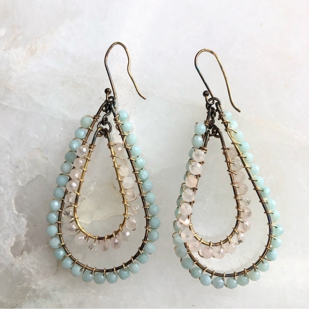 Handmade glass beaded drop hook earrings in aquamarine and rose quartz